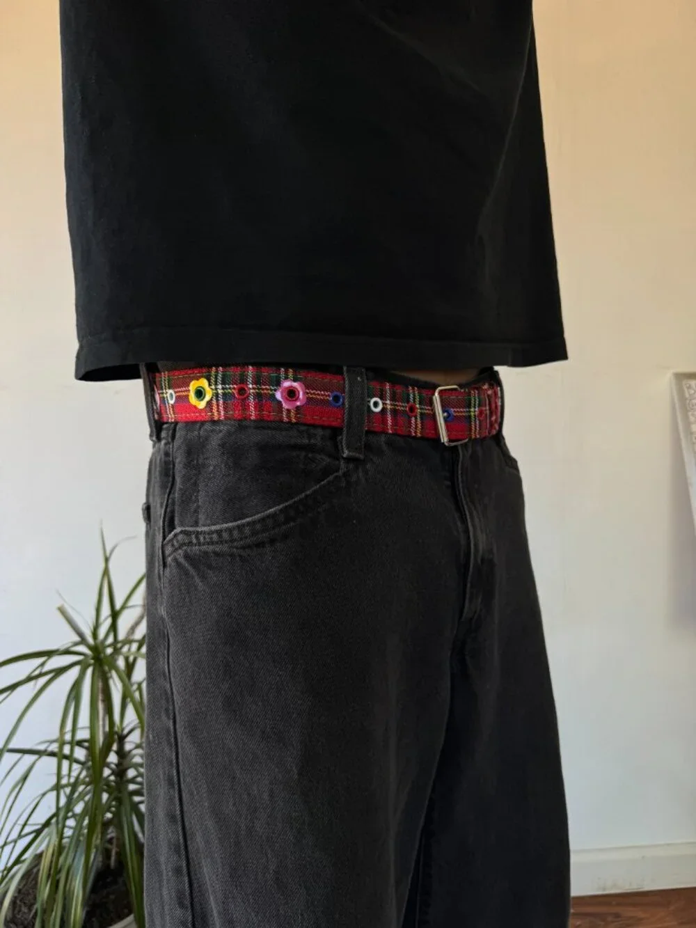 Red Plaid Floral Embroidered Eyelet Belt